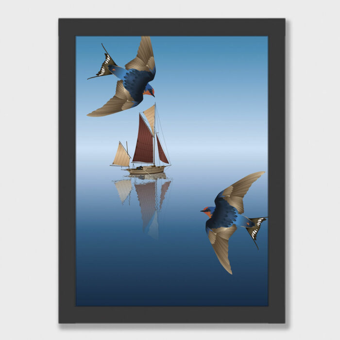 Art print of sail boat with Welcome Swallows framed in simple style black frame.