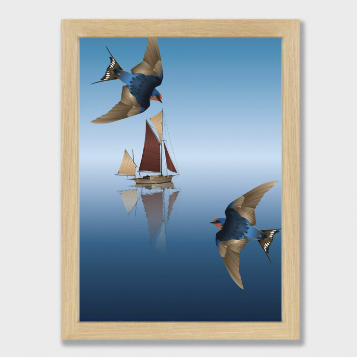 Art print of sail boat with Welcome Swallows framed in simple style raw frame.