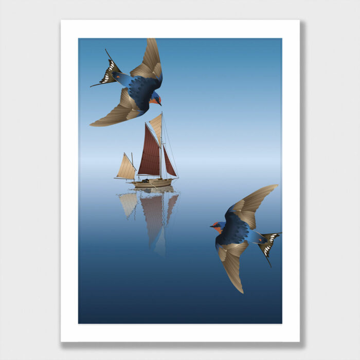Art print of sail boat with Welcome Swallows framed in simple style white frame.