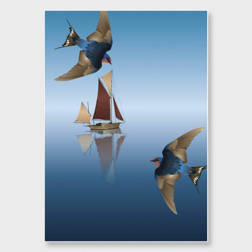 Art print of sail boat with Welcome Swallows.