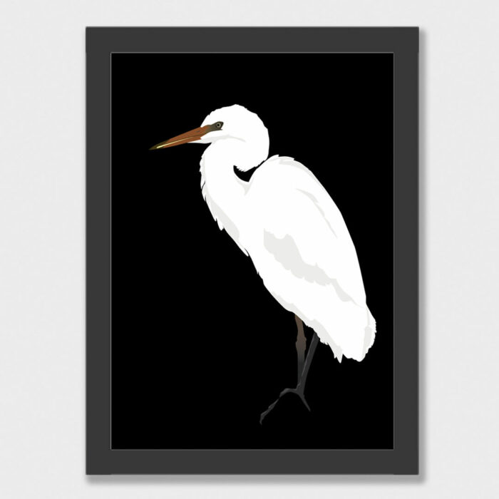 Kōtuku: Art print of a White Heron on a rock framed in simple style black frame