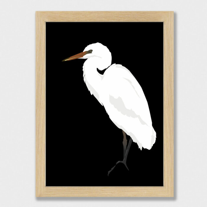 Kōtuku: Art print of a White Heron on a rock framed in simple style raw frame